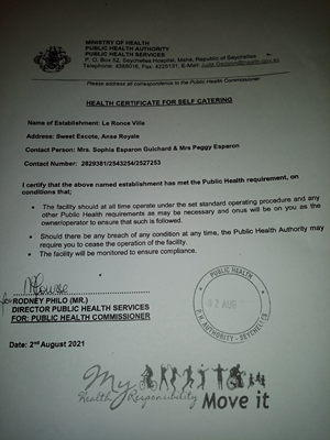 Le Ronce Villa health certificate