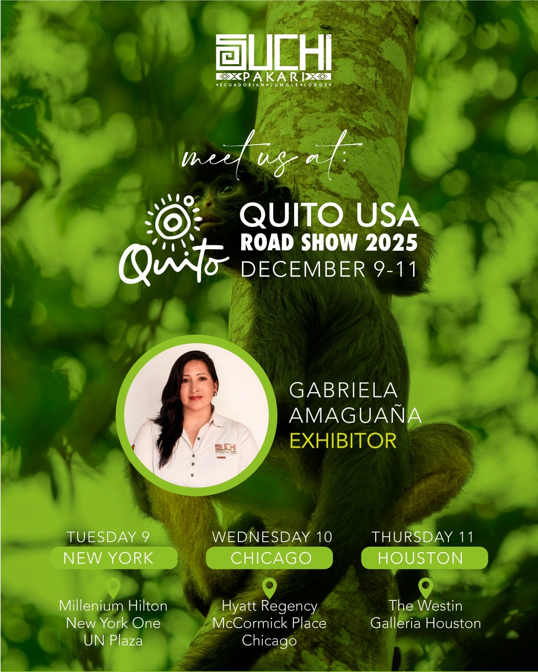 🌎 SUCHIPAKARI AMAZON LODGE arrives in North America! Together with Quito Turismo, we will be participating in the #International #NorthAmerica #Roadshow, showcasing the best of Ecuador: the Andes, the Amazon Rainforest, and the unforgettable Galápagos Islands. 🇪🇨✨ 📍 Our Route: 📅 Tuesday 9 – NEW YORK Millenium Hilton, New York One UN Plaza 📅 Wednesday 10 – CHICAGO Hyatt Regency, McCormick Place 📅 Thursday 11 – HOUSTON The Westin, Galleria Plaza We are ready to build partnerships, inspire new travel experiences, and share the magic of our country. 🤝🌟