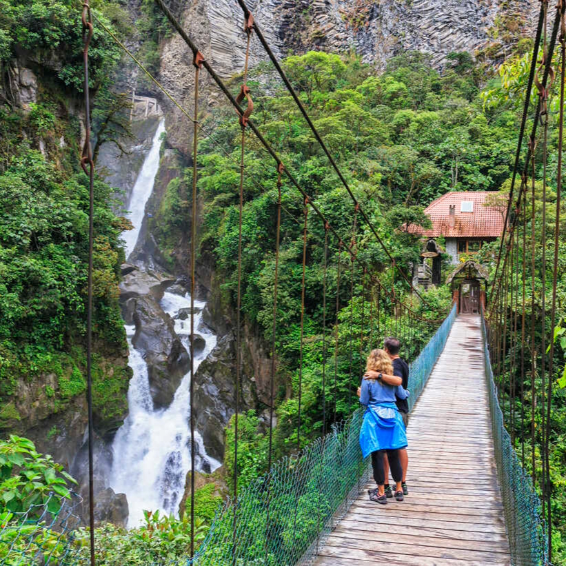 Baños Waterfalls Route & Arrival in the Amazon Start your morning with a visit to the famous Swing at the End of the World for sweeping views over the valley. Continue along the Route of the Waterfalls, crossing by cable car over the Manto de la Novia and hiking to the powerful Pailón del Diablo